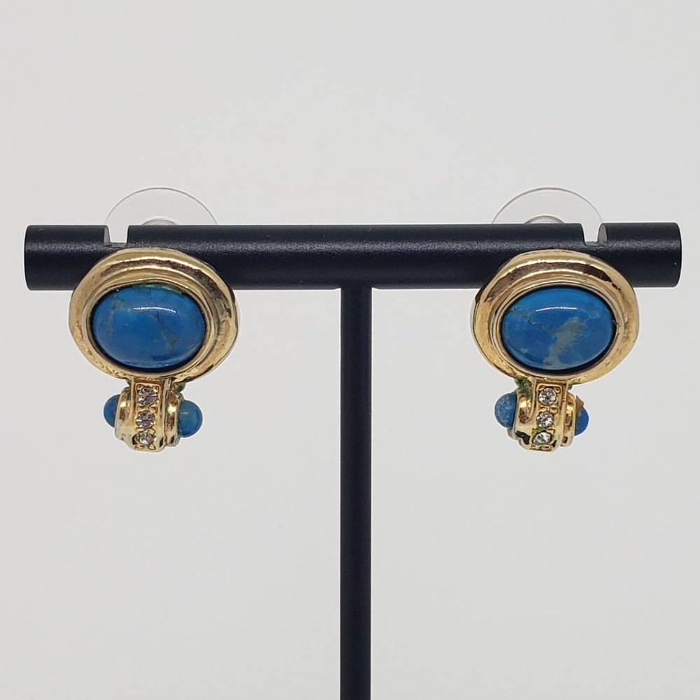 Vintage Blue Bead Rhinestone Dangle Drop Gold Tone Earrings Pierced Round - Picture 3 of 9